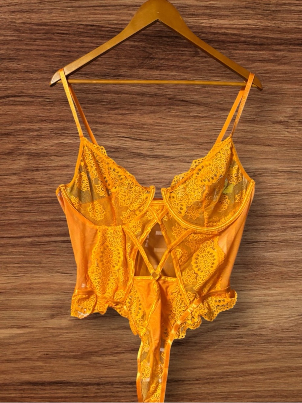 Shein Sheer Lace Strappy Orange Teddy Lingerie
